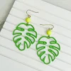 Monstera Color-Coated Outline Dangle Earrings - Green