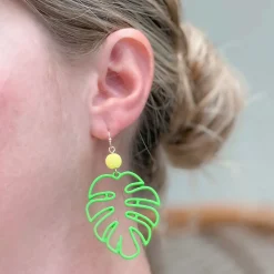 Monstera Color-Coated Outline Dangle Earrings - Green