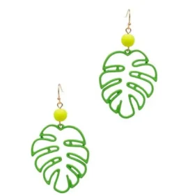 Monstera Color-Coated Outline Dangle Earrings - Green