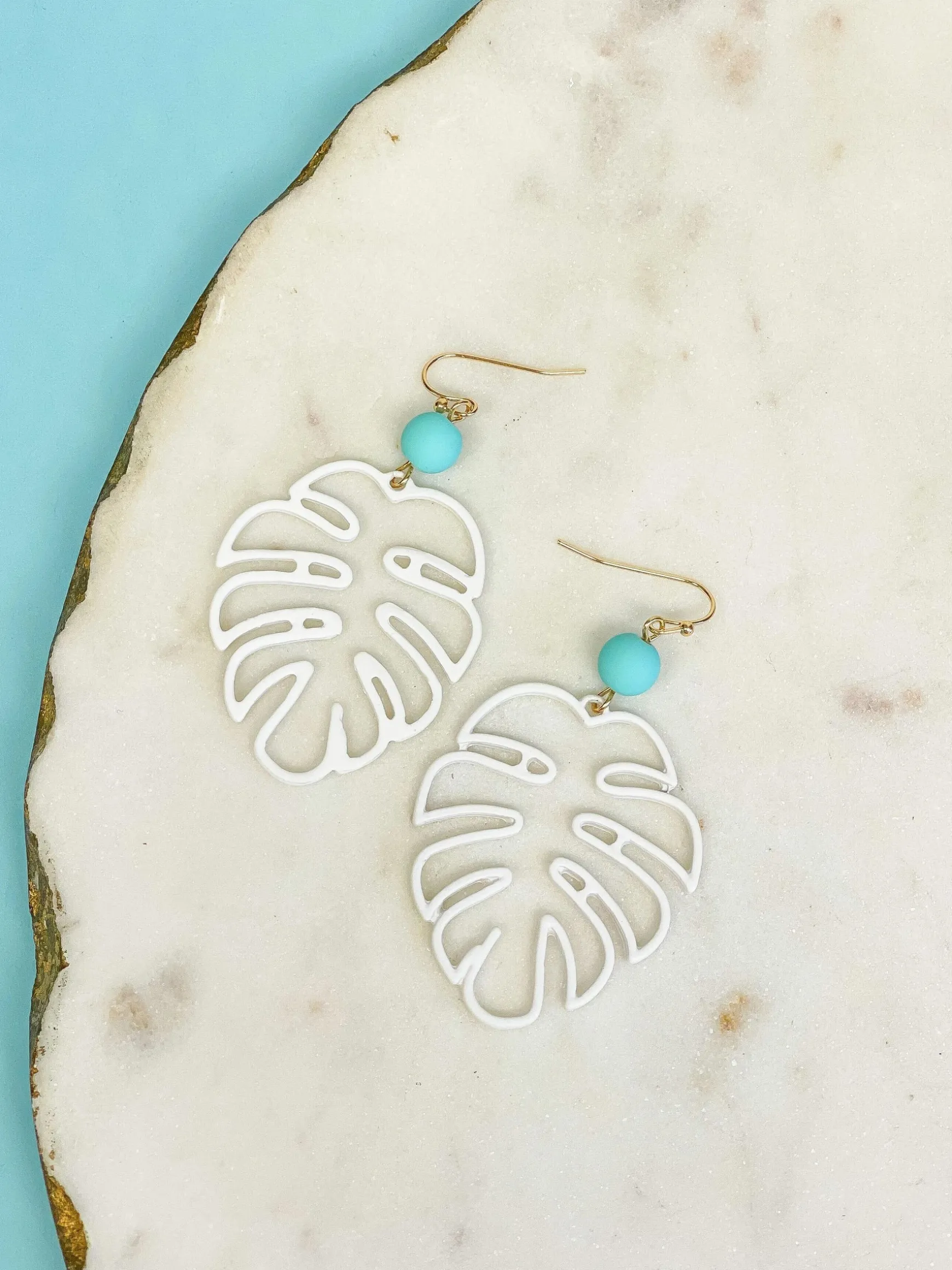 Monstera Color-Coated Outline Dangle Earrings - White