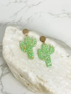 Mosaic Glitter Cactus Dangle Earrings