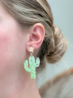 Mosaic Glitter Cactus Dangle Earrings
