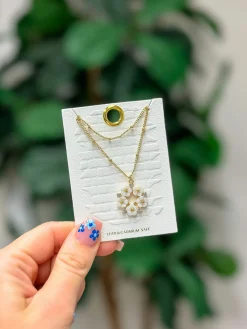 Mother of Pearl Flower Pendant Necklace - Gold