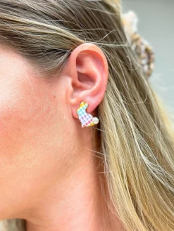 Multi Gingham Pearl Bunny Stud Earrings