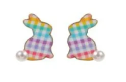 Multi Gingham Pearl Bunny Stud Earrings