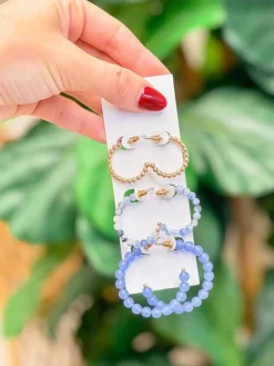 Multi-Beaded Hoop Earring Set - Blue