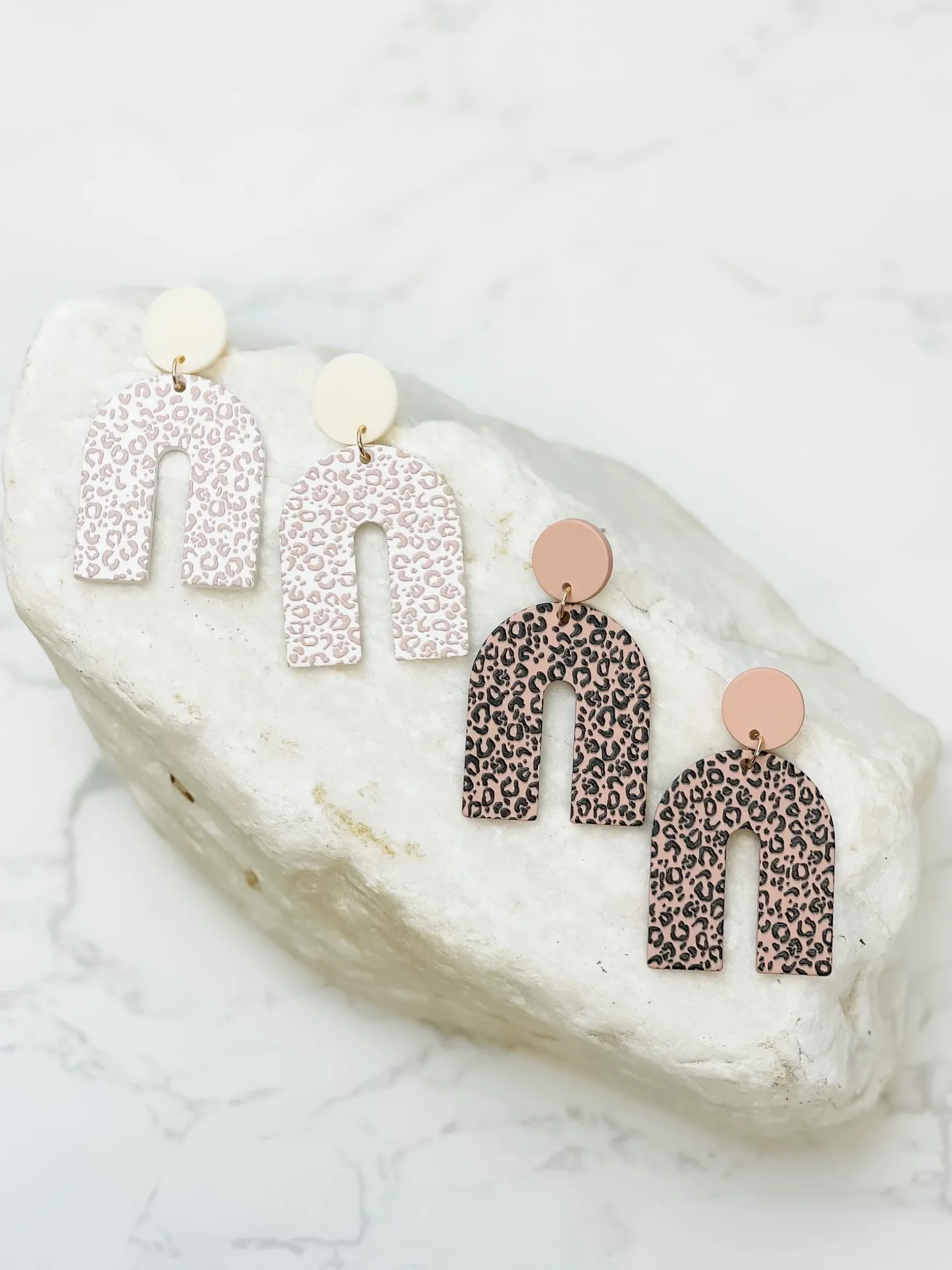 Natural Leopard Arch Dangle Earrings - White