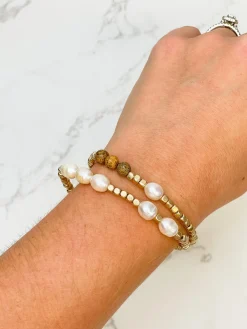 Natural Pearl & Wood Stretch Bracelet Set
