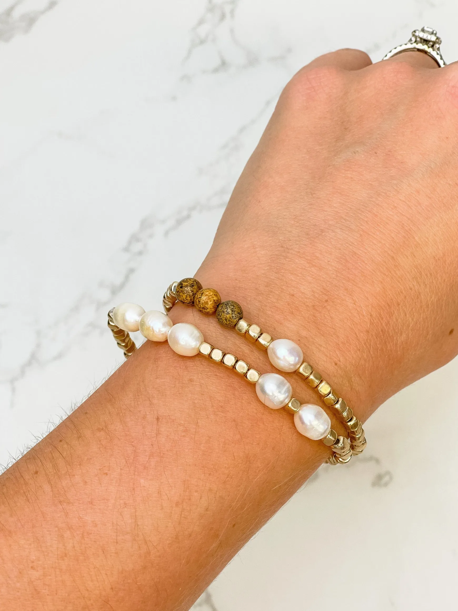 Natural Pearl & Wood Stretch Bracelet Set