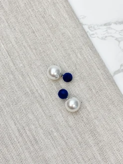 Navy Blue Velvet Back Pearl Stud Earrings