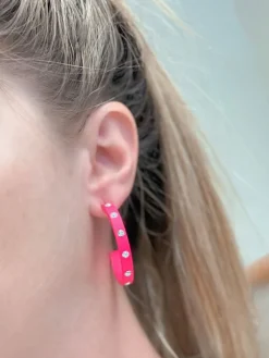 Neon Crystal-Studded Rubber Hoop Earrings - Pink