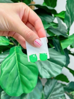 Neon Glittery Glass Crystal Post Earrings - Green