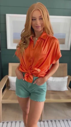 Never Have I Ever Button Down Blouse in Melon