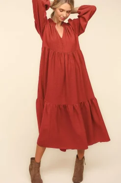 Notch Neck Babydoll Long Sleeve Maxi Dress - Spice