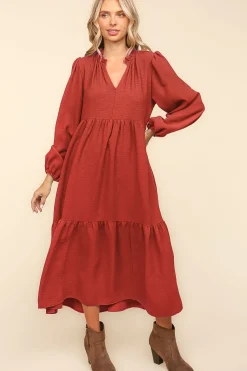 Notch Neck Babydoll Long Sleeve Maxi Dress - Spice
