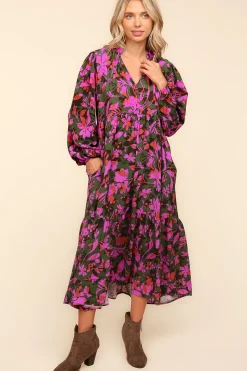 Notch Neck Babydoll Long Sleeve Maxi Dress - Forest/Lavender Floral