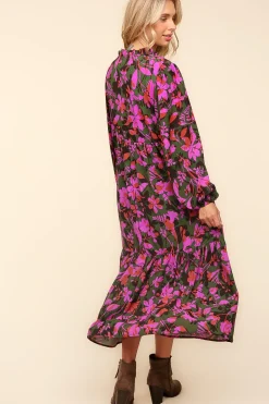 Notch Neck Babydoll Long Sleeve Maxi Dress - Forest/Lavender Floral