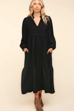 Notch Neck Babydoll Long Sleeve Maxi Dress - Black