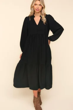 Notch Neck Babydoll Long Sleeve Maxi Dress - Black