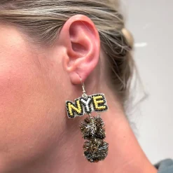 'NYE' Pom Pom Beaded Dangle Earrings