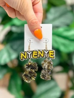 'NYE' Pom Pom Beaded Dangle Earrings