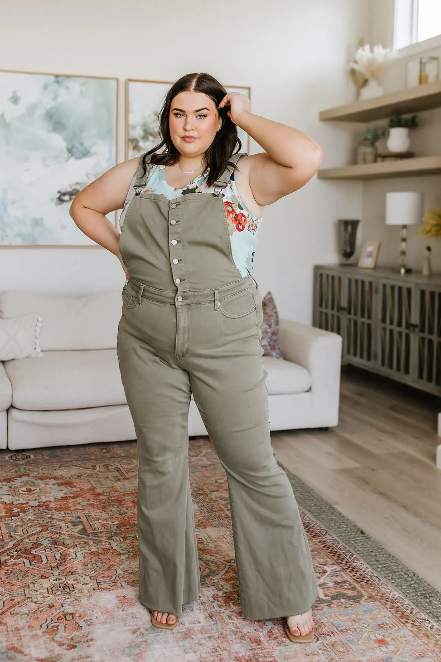 Olivia Control Top Release Hem Overalls in Olive by Judy Blue