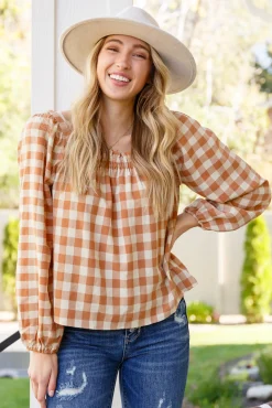 One Fine Afternoon Gingham Plaid Top In Caramel