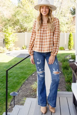 One Fine Afternoon Gingham Plaid Top In Caramel