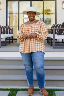 One Fine Afternoon Gingham Plaid Top In Caramel