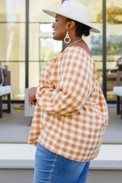 One Fine Afternoon Gingham Plaid Top In Caramel