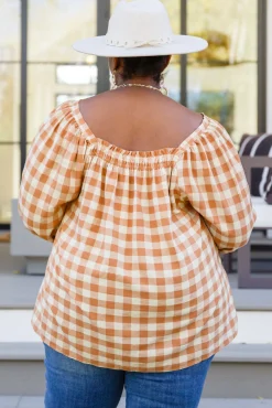 One Fine Afternoon Gingham Plaid Top In Caramel