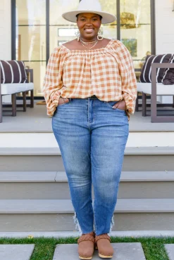 One Fine Afternoon Gingham Plaid Top In Caramel