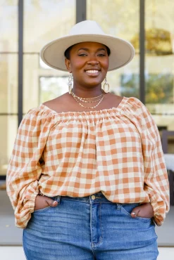 One Fine Afternoon Gingham Plaid Top In Caramel