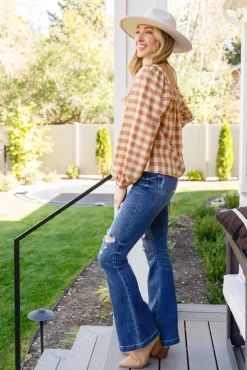 One Fine Afternoon Gingham Plaid Top In Caramel