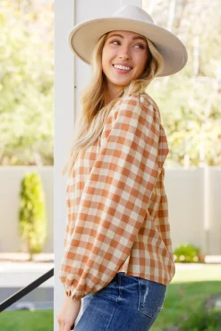 One Fine Afternoon Gingham Plaid Top In Caramel