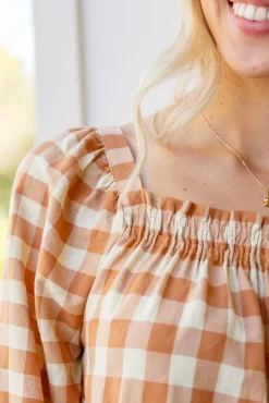 One Fine Afternoon Gingham Plaid Top In Caramel