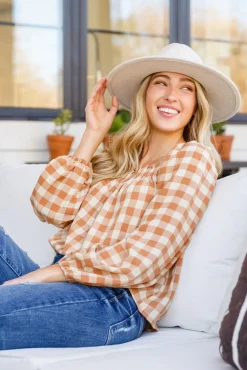 One Fine Afternoon Gingham Plaid Top In Caramel