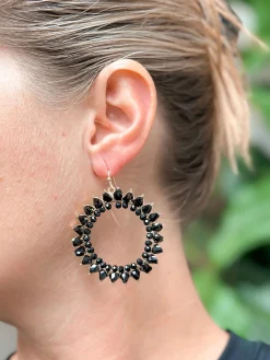 Open Circle Beaded Dangle Earrings - Jet