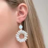 Open Circle Beaded Dangle Earrings - White