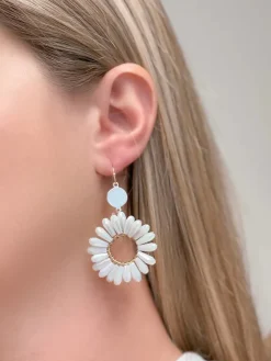 Open Circle Beaded Dangle Earrings - White