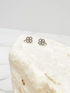 Open Heart Clover Stud Earrings - Silver