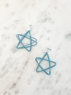 Open Star Matte Dangle Earrings - Blue