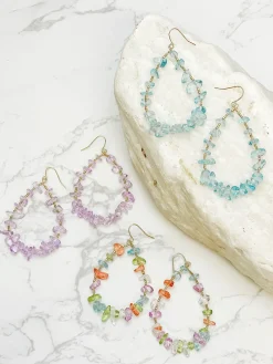 Oval Chip Beaded Earrings - Purple