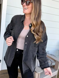 Oversized Denim Patch Fringe Shacket by POL