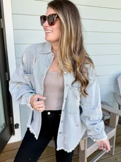 Oversized Denim Patch Fringe Shacket by POL