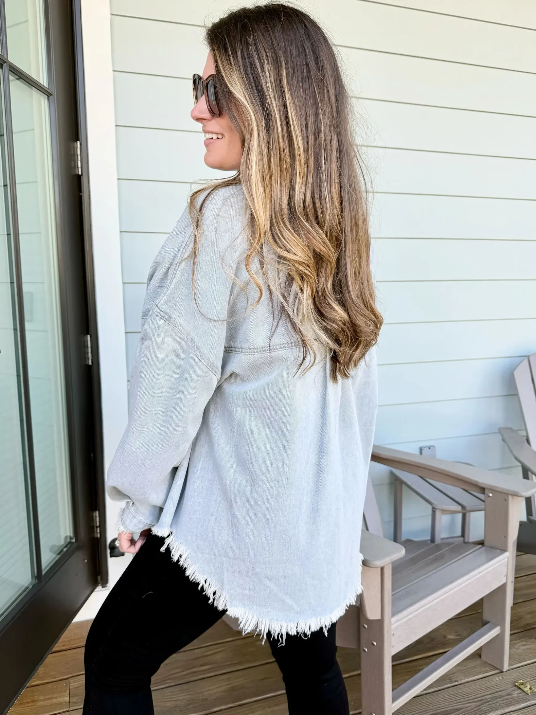 Oversized Denim Patch Fringe Shacket by POL