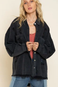 Oversized Denim Patch Fringe Shacket by POL