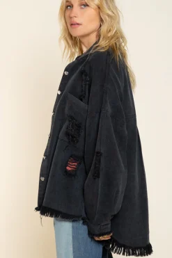 Oversized Denim Patch Fringe Shacket by POL