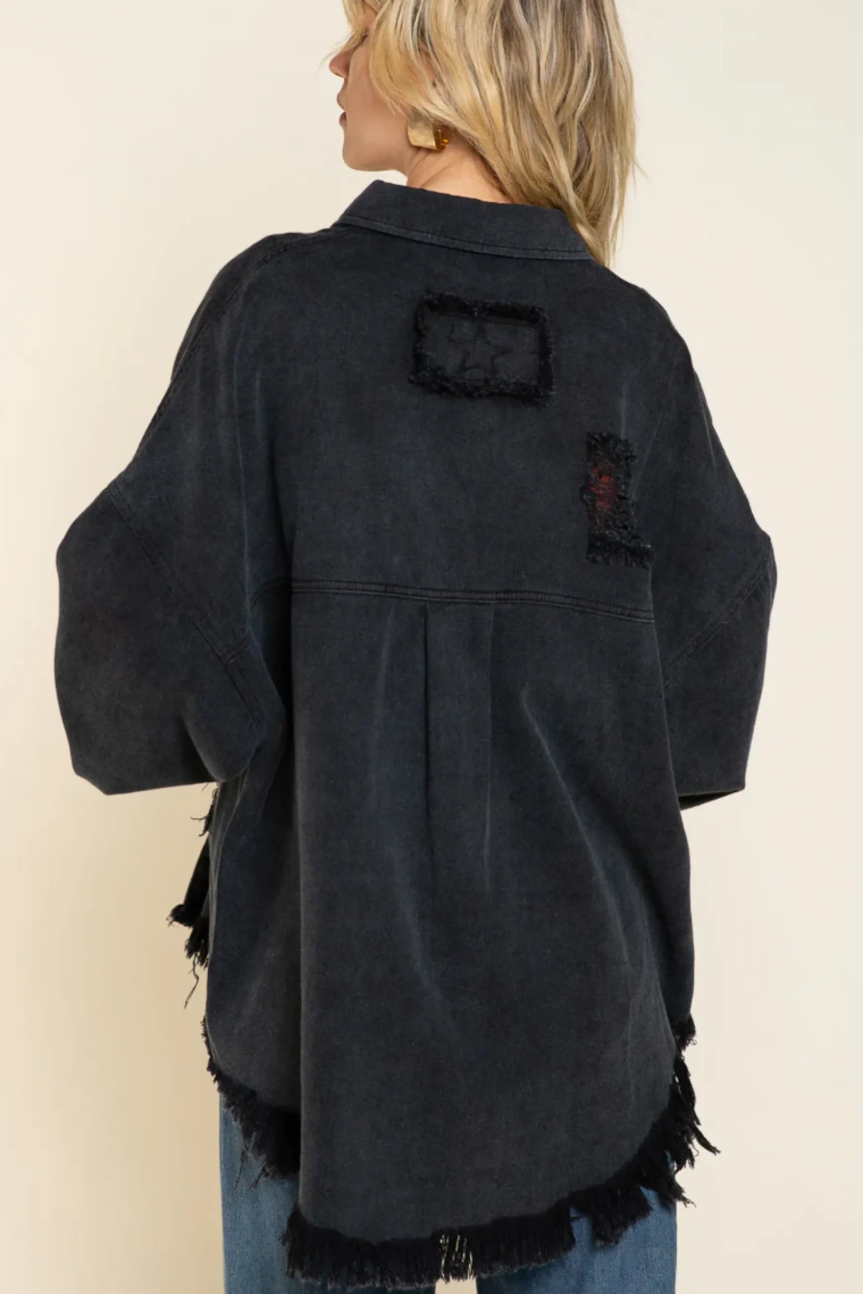 Oversized Denim Patch Fringe Shacket by POL
