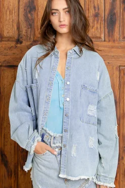 Oversized Denim Patch Fringe Shacket by POL